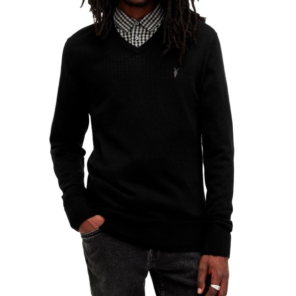 AllSaints Men's Mode Merino V Neck Sweater size small in black - Picture 1 of 10